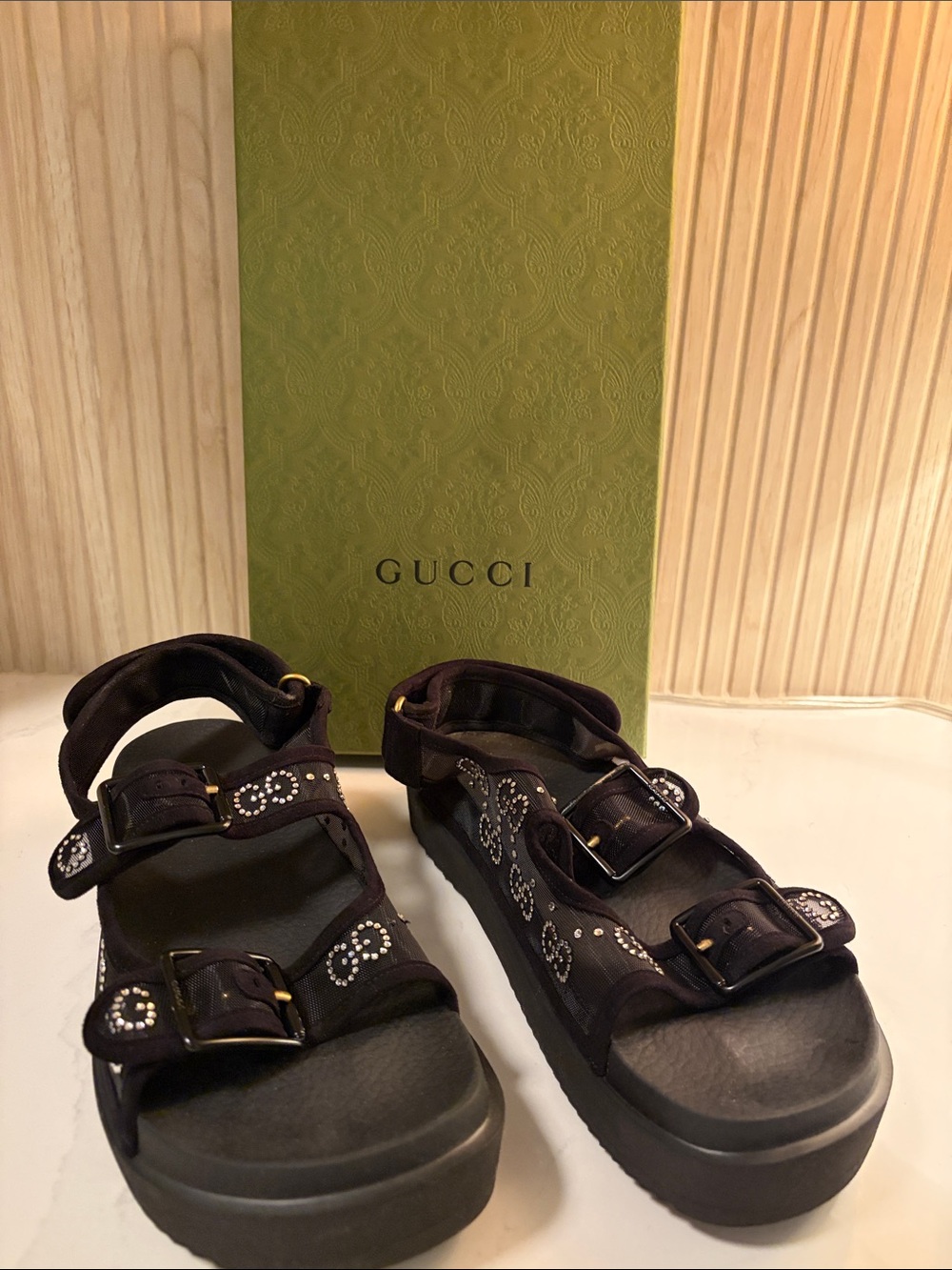 Gucci Black Crystal-Embellished Platform Sandals